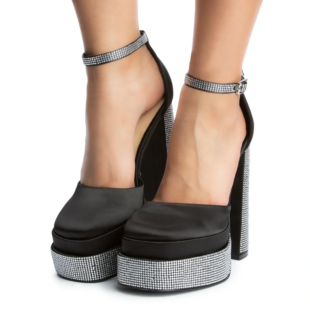 Black Platform Ankle-Strap Heels with Crystal Accents